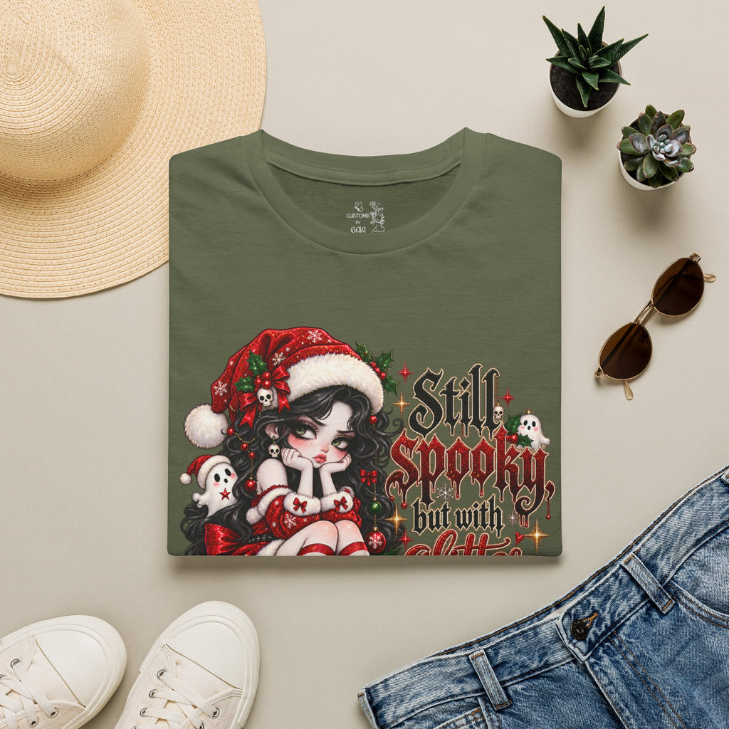Christmas Goth T‑Shirt – "Still Spooky But With Glitter" Elf Girl Holiday Tee