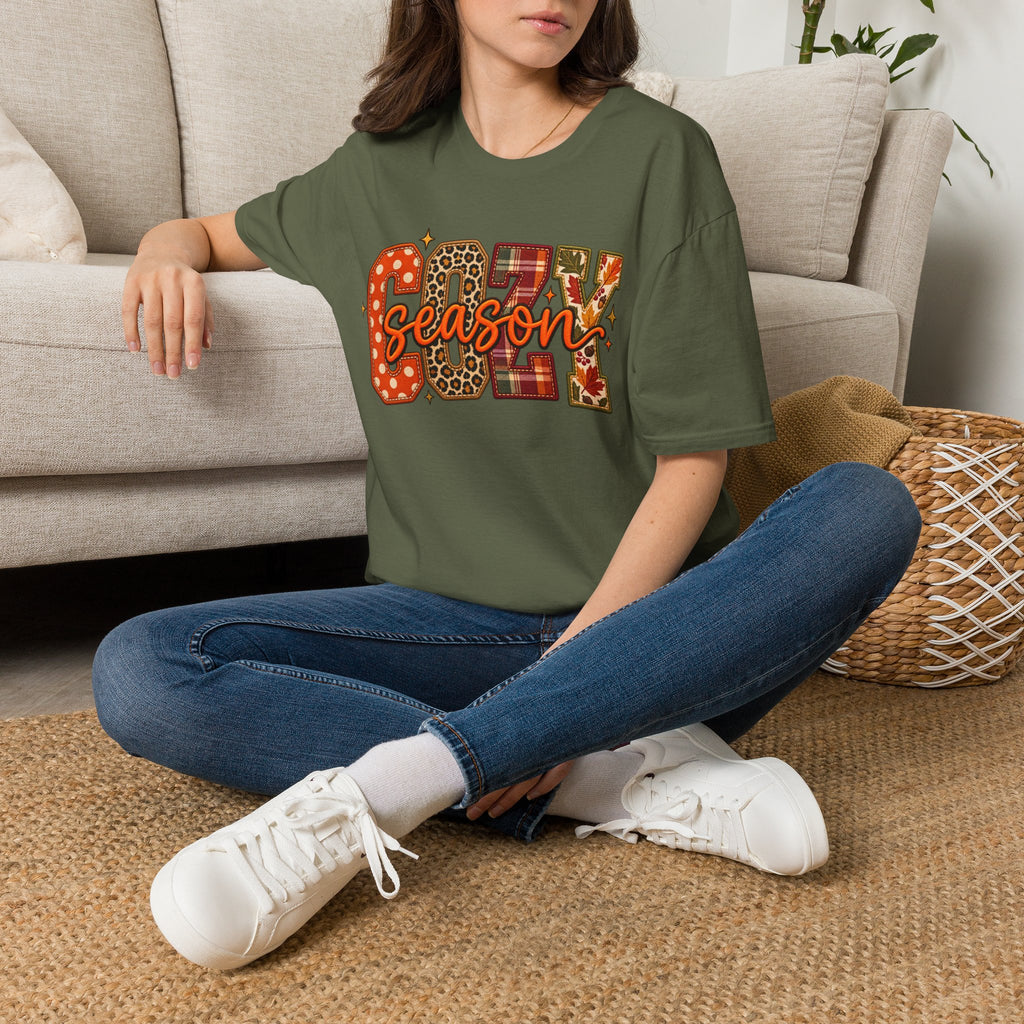 Cozy Season T-Shirt — Fall Plaid, Leopard & Pumpkin Pattern Tee