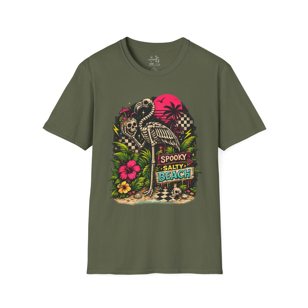 Spooky Salty Beach T-Shirt — Retro Skeleton Pelican Sunset Tee