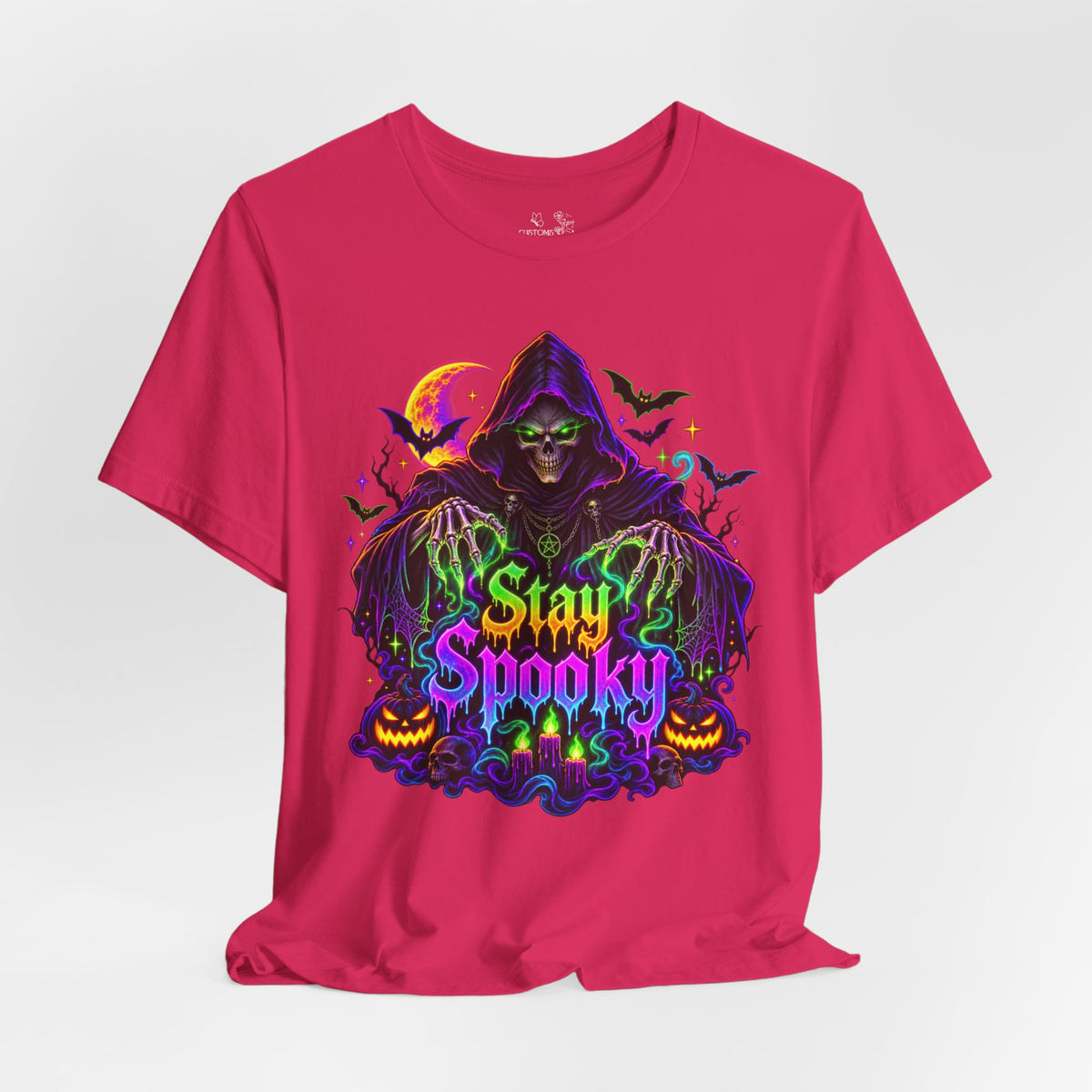 Stay Spooky Halloween Tee — Neon Grim Reaper & Haunted Castle Graphic T-Shirt