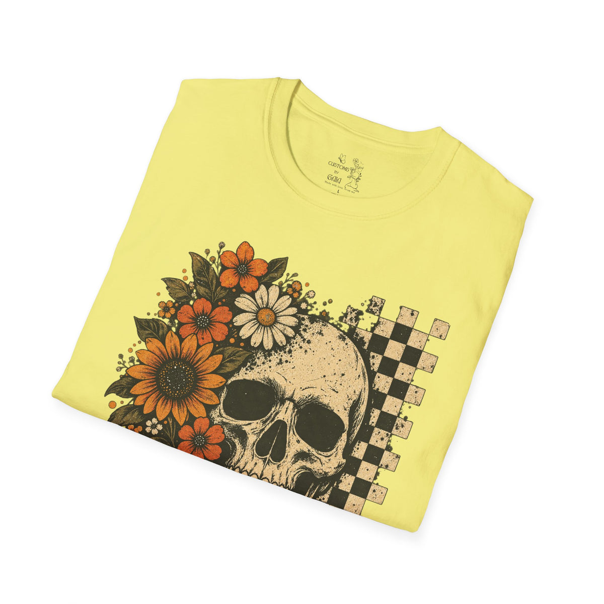 Floral Skull T-Shirt – Gothic Sunflower Checkerboard Design