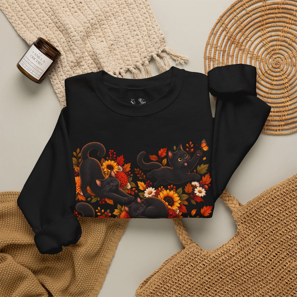 Autumn Black Cats Crewneck Sweatshirt — Fall Floral Halloween Cat Design
