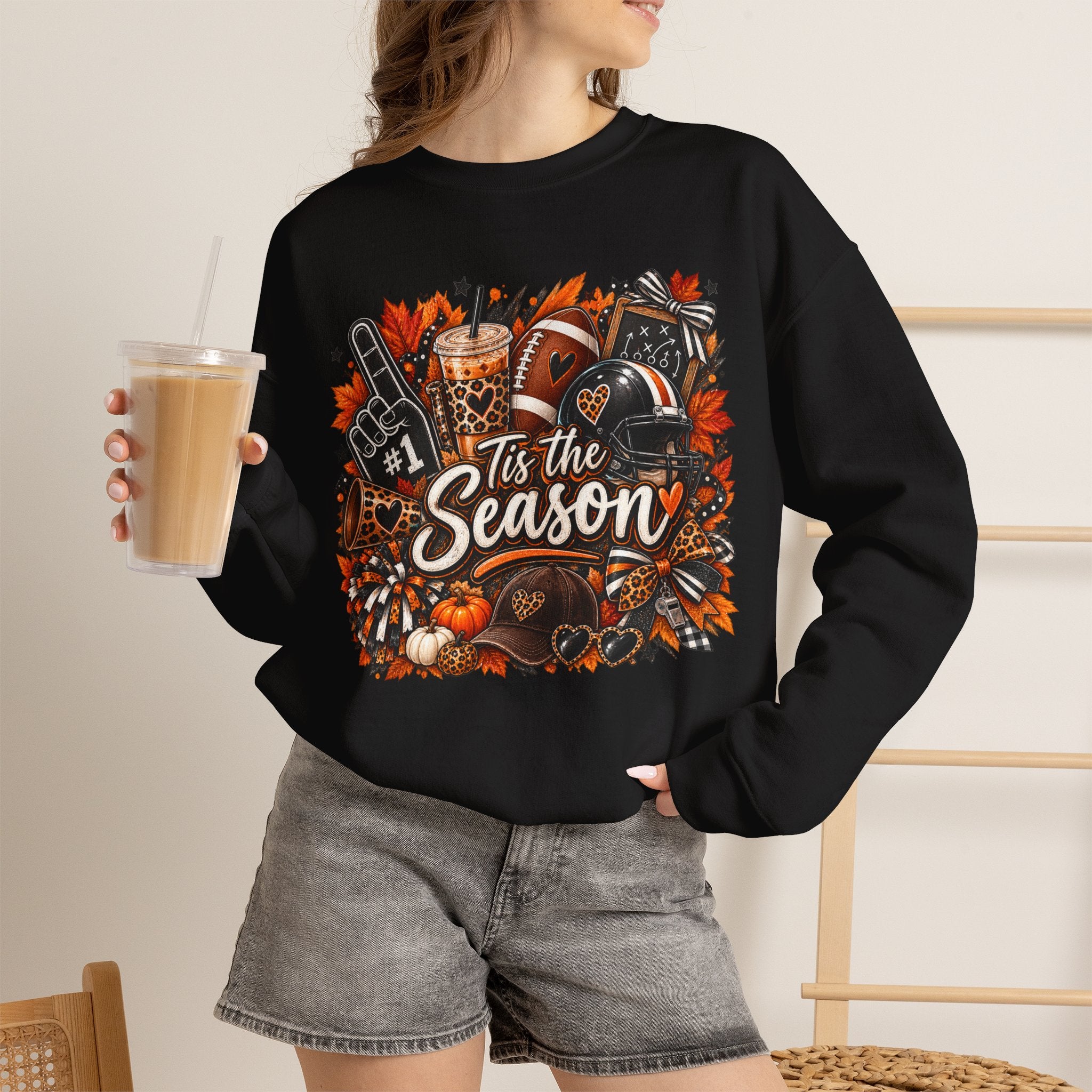 Tis the Season Fall Sweatshirt - Cozy Autumn Leaves & Football Crewneck