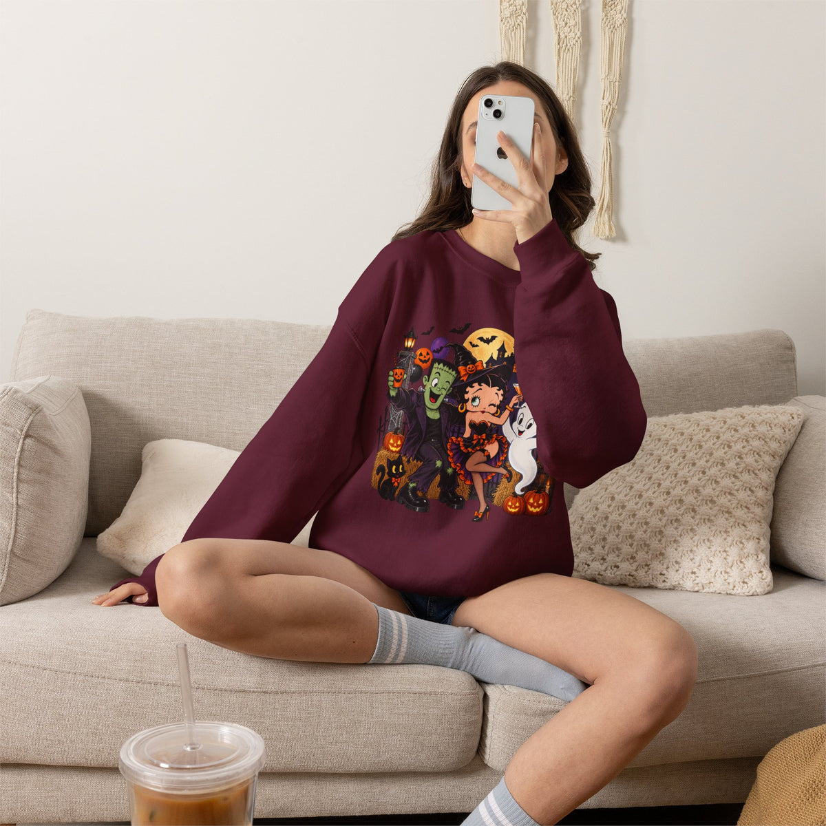 Halloween Betty Boop Crewneck Sweatshirt — Retro Spooky Cartoon Graphic