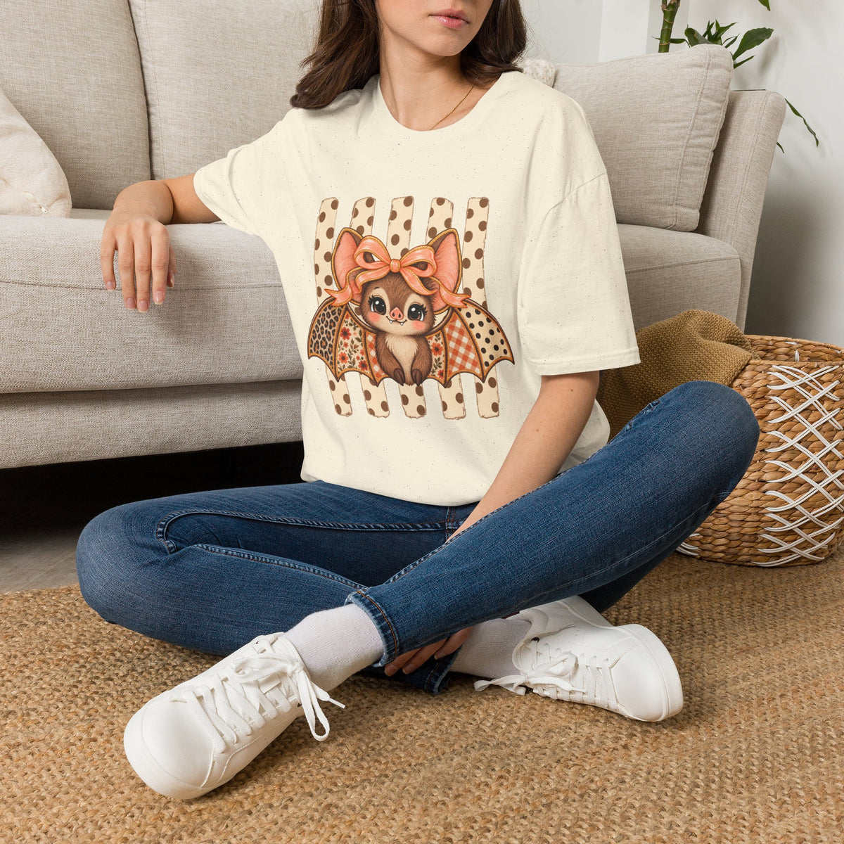 Cute Bat Tee — Adorable Bat with Bow Graphic T-Shirt (Leopard Striped Background)