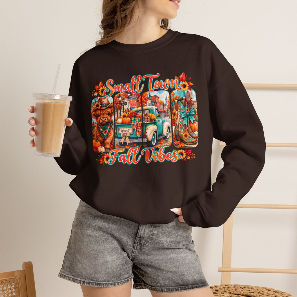 Fall Vibes Crewneck Sweatshirt - "Small Town Fall Vibes" Retro Autumn Graphic
