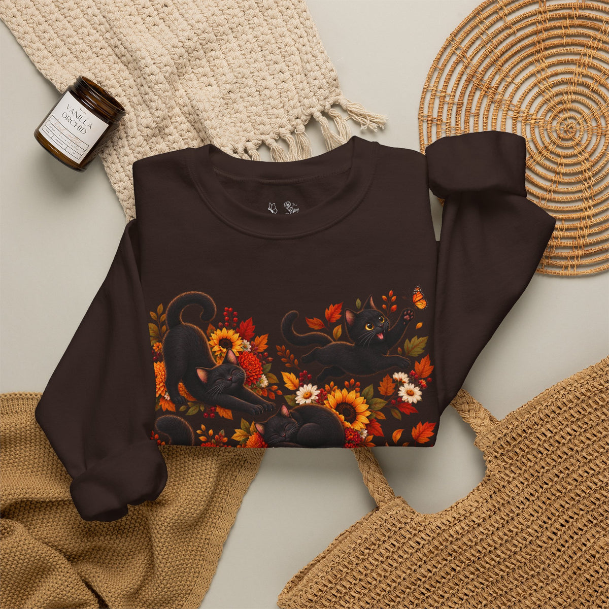 Autumn Black Cats Crewneck Sweatshirt — Fall Floral Halloween Cat Design