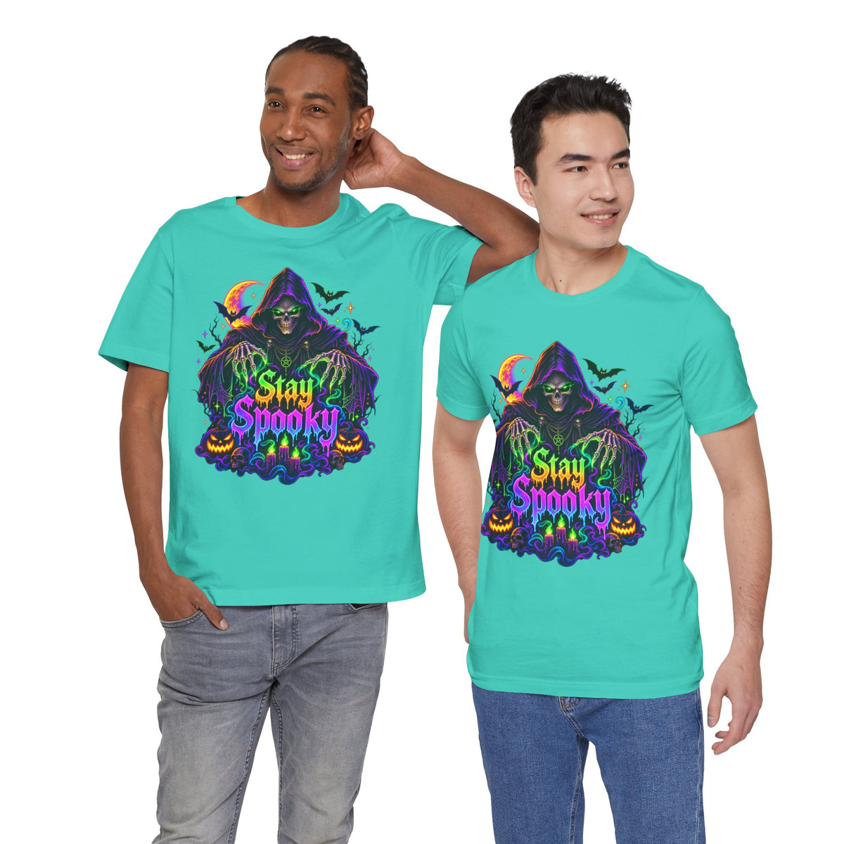 Stay Spooky Halloween Tee — Neon Grim Reaper & Haunted Castle Graphic T-Shirt