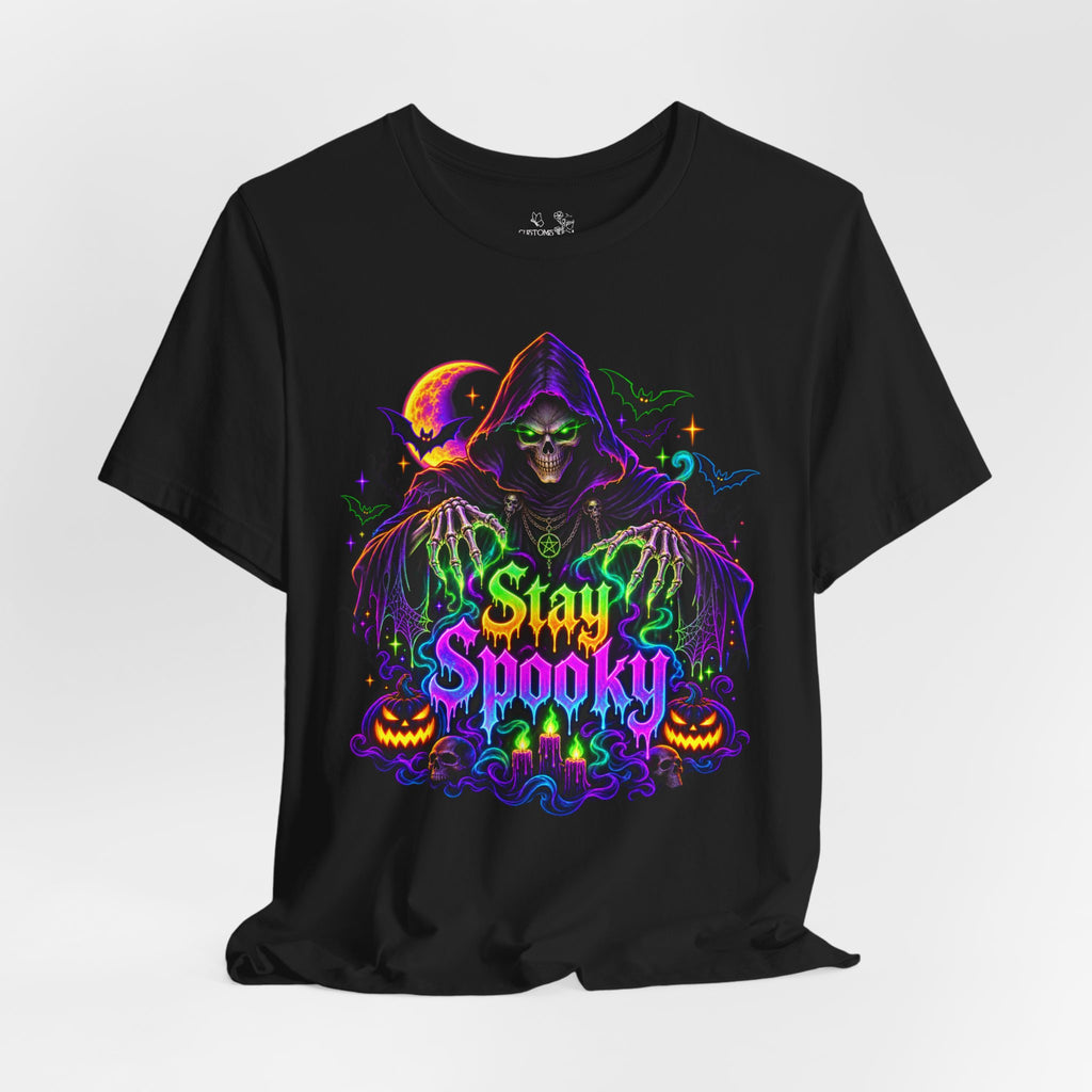 Stay Spooky Halloween Tee — Neon Grim Reaper & Haunted Castle Graphic T-Shirt