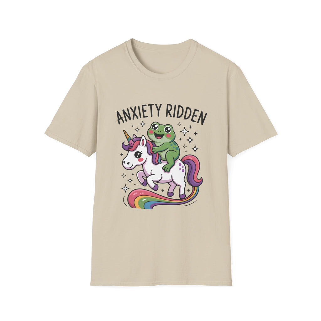 Anxiety Ridden Frog on Unicorn T-Shirt — Cute Mental Health Awareness Graphic Tee