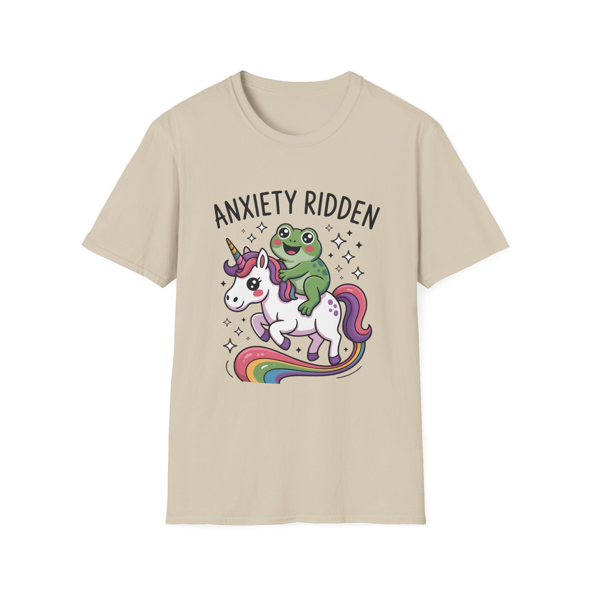 Anxiety Ridden Frog on Unicorn T-Shirt — Cute Mental Health Awareness Graphic Tee