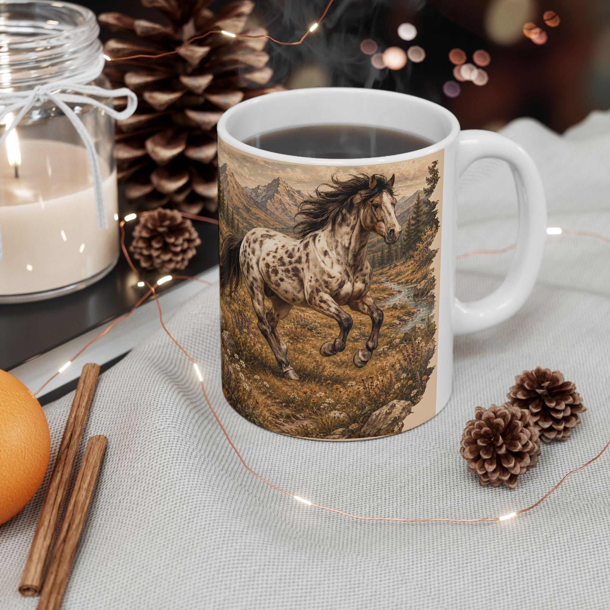 Wild Meadow Horse Ceramic Mug — Scenic Appaloosa Mountain Coffee Cup (11oz & 15oz)