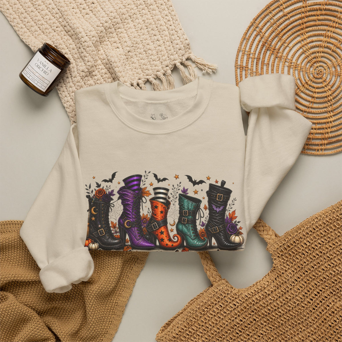 Witch Boots Crewneck Sweatshirt — "A Girl's Gotta Have Options" Halloween Pullover