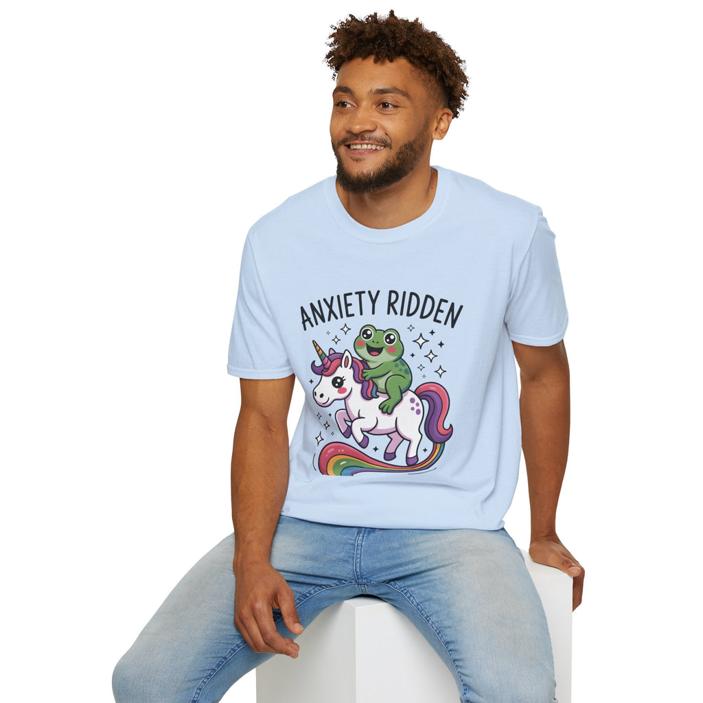 Anxiety Ridden Frog on Unicorn T-Shirt — Cute Mental Health Awareness Graphic Tee
