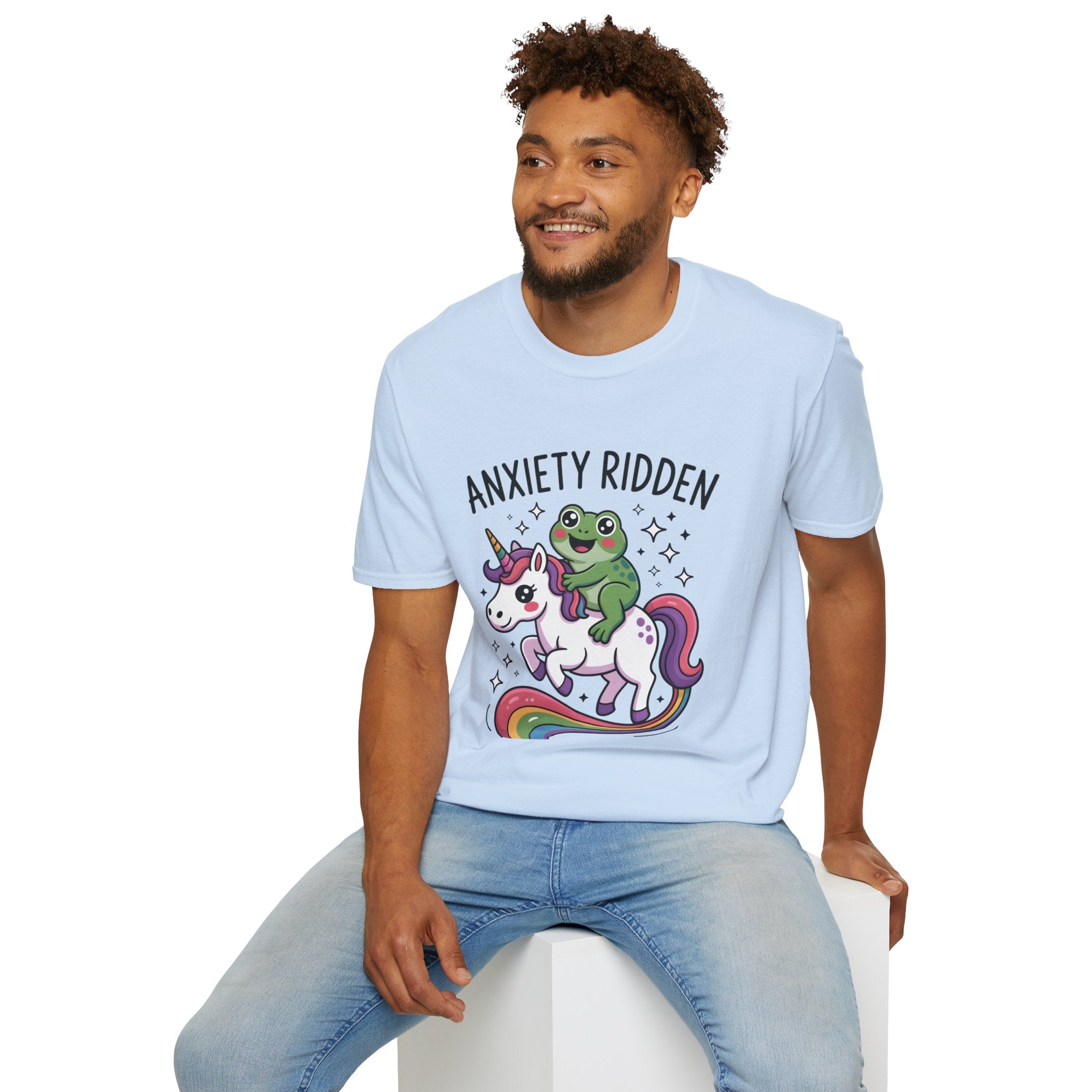 Anxiety Ridden Frog on Unicorn T-Shirt — Cute Mental Health Awareness Graphic Tee