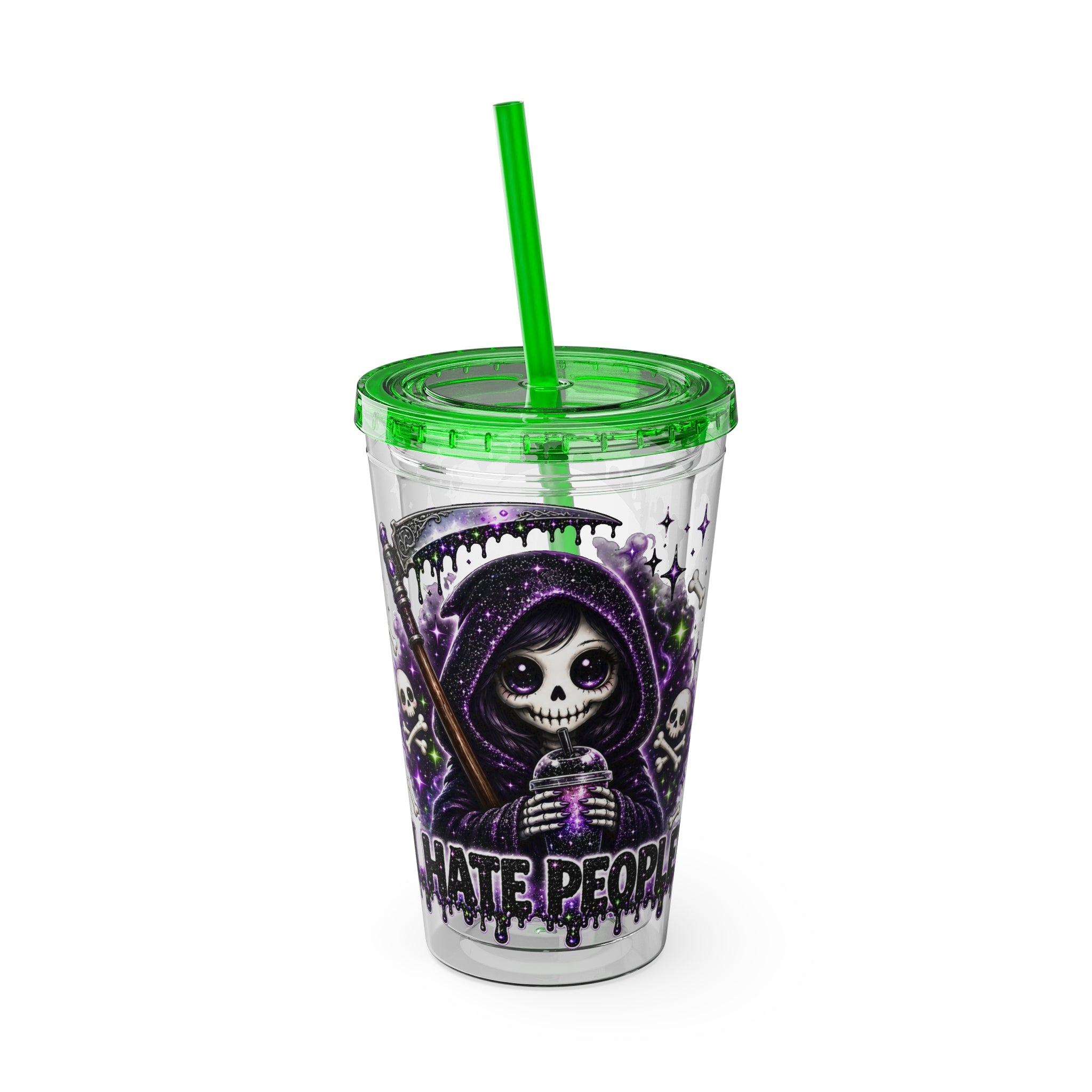 16oz Tumbler with Straw — Purple Grim Reaper “I Hate People” Graphic Cold Cup