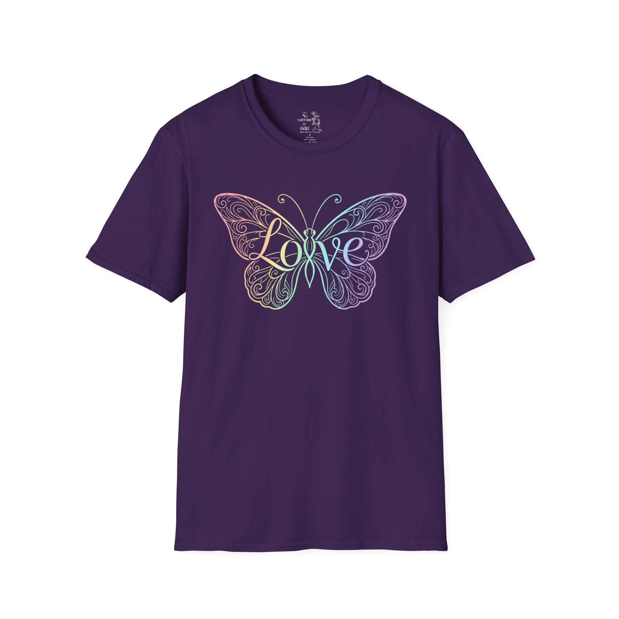 Butterfly "Love" T-Shirt — Pastel Rainbow Filigree Design
