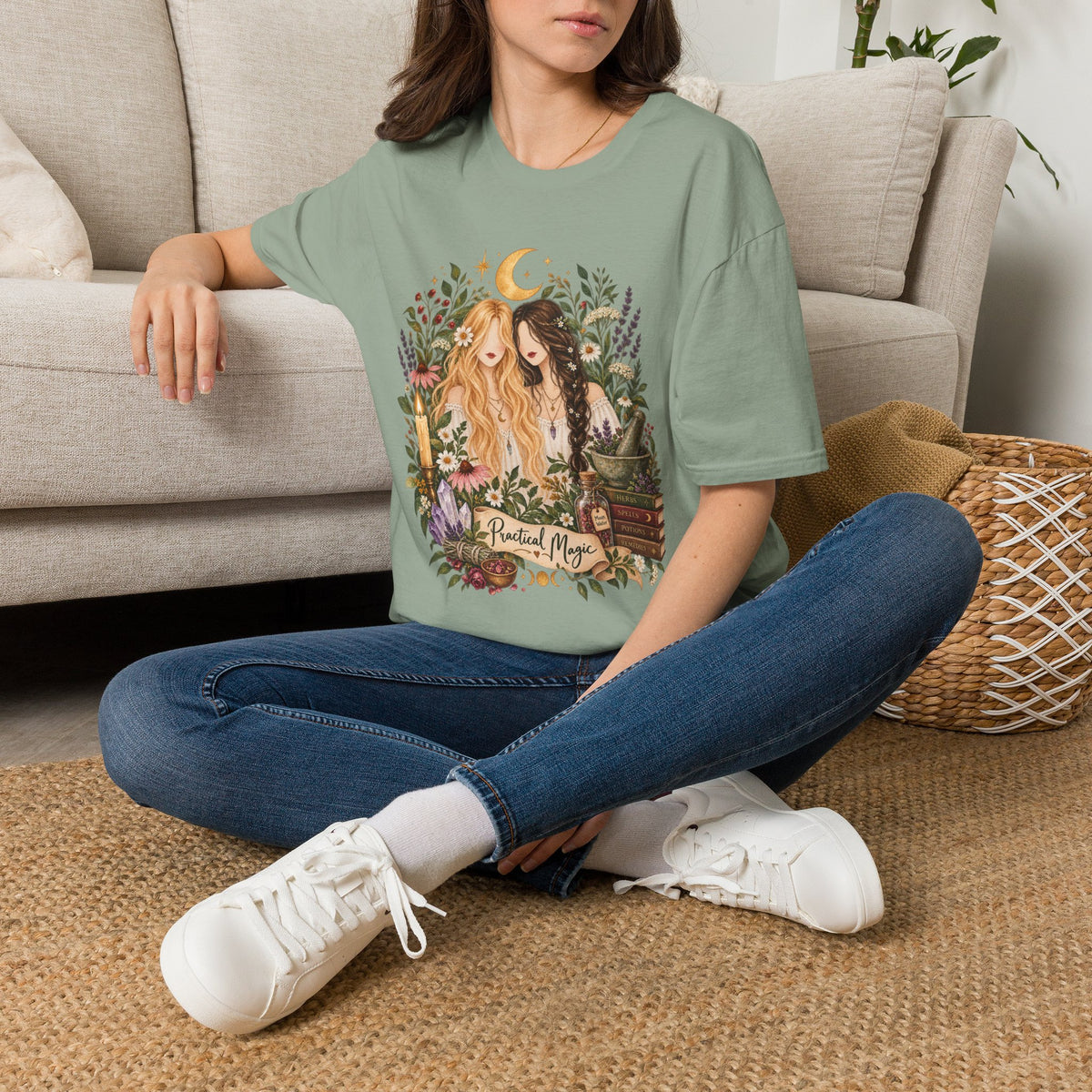 Witchy Sisters T-Shirt – 'Practical Magic' Boho Moon Witch Illustration