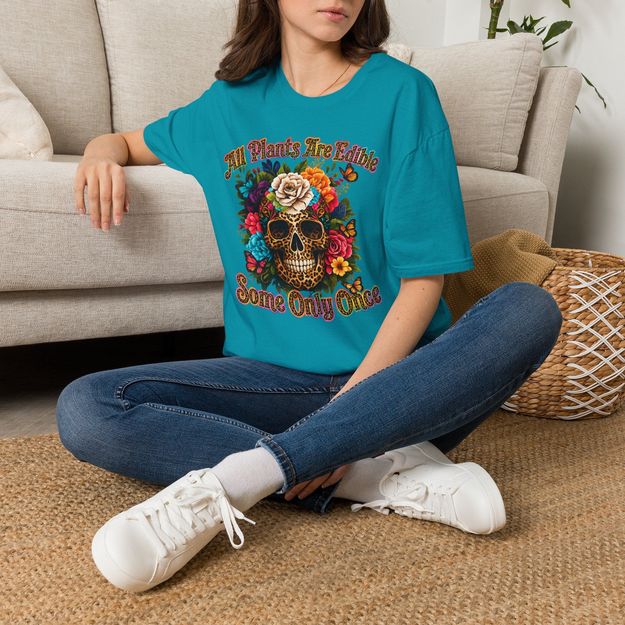 T-Shirt — "All Plants Are Edible (Some Only Once)" Floral Sugar Skull Tee