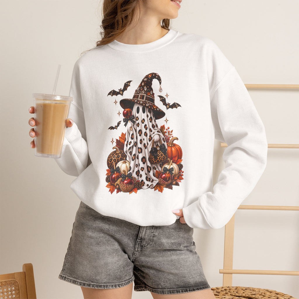 Halloween Ghost Sweatshirt – Spooky Gnome with Witch Hat, Pumpkins & Bats Crewneck