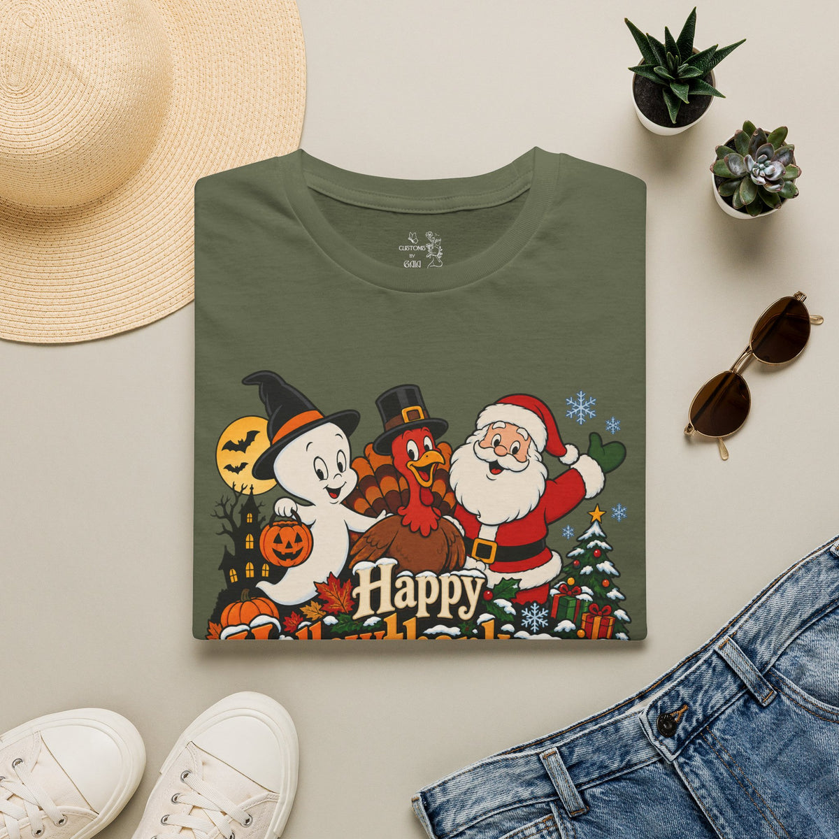 Halloween Thanksgiving Christmas Mashup Tee — "Happy HallowThanksMas This Year"
