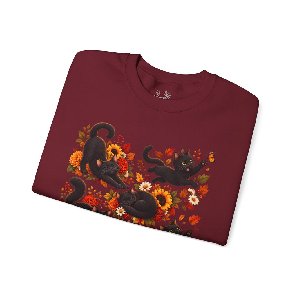 Autumn Black Cats Crewneck Sweatshirt — Fall Floral Halloween Cat Design