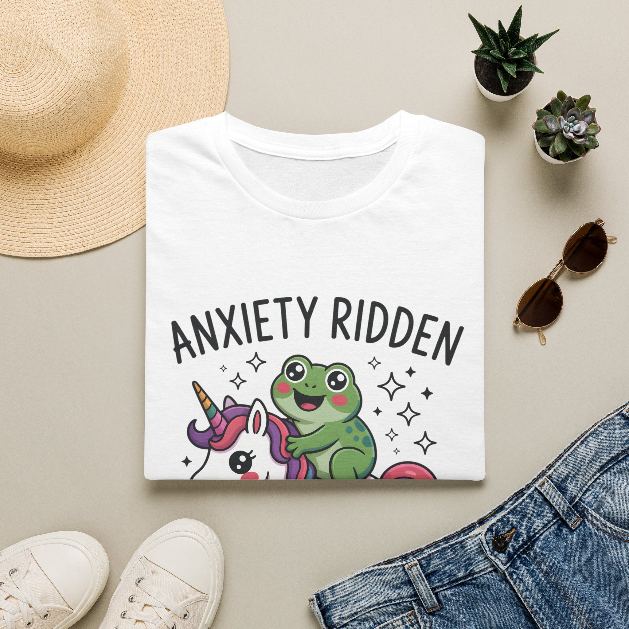 Anxiety Ridden Frog on Unicorn T-Shirt — Cute Mental Health Awareness Graphic Tee