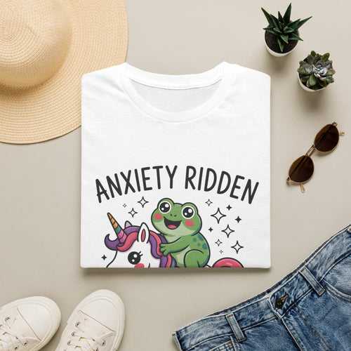 Anxiety Ridden Frog on Unicorn T-Shirt — Cute Mental Health Awareness Graphic Tee
