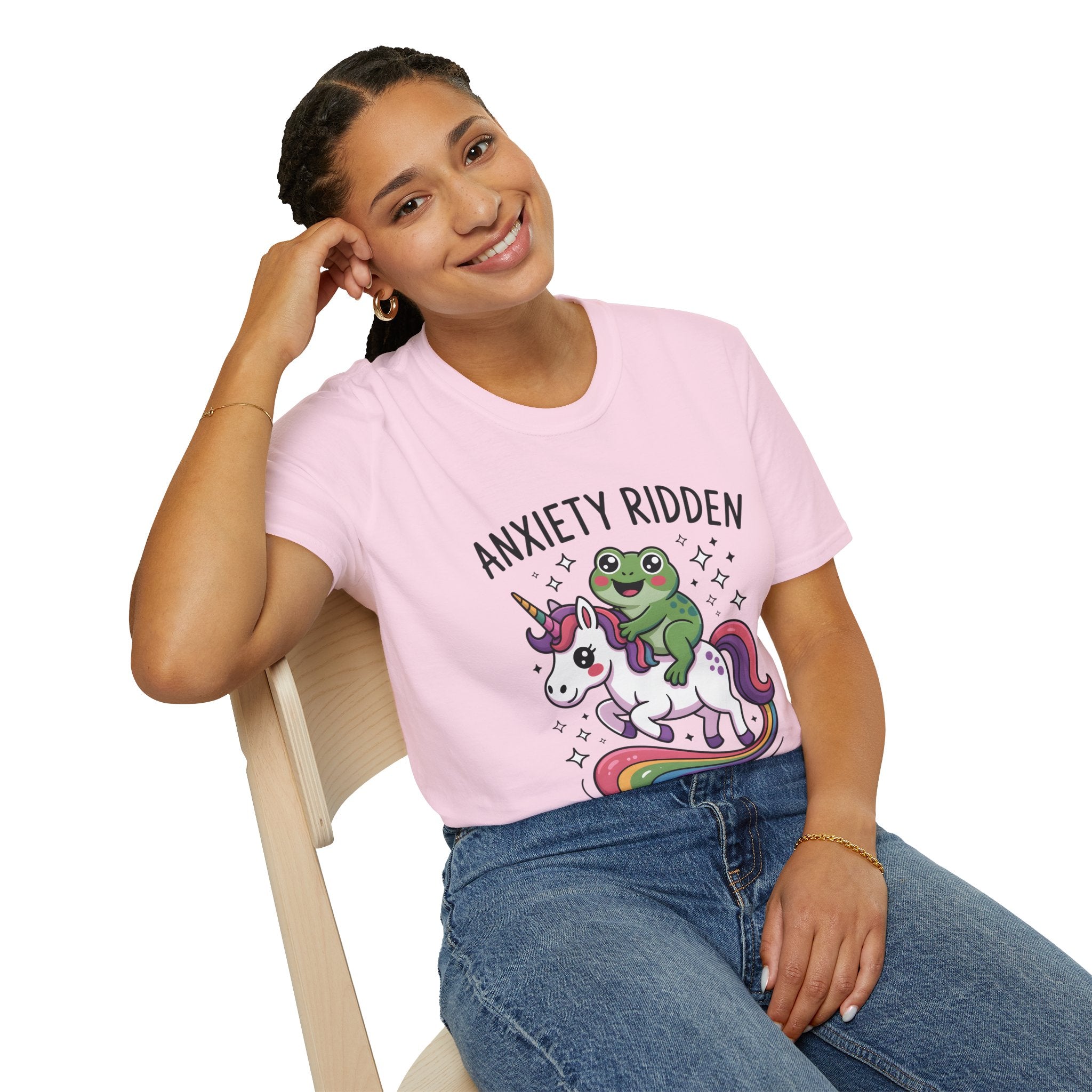Anxiety Ridden Frog on Unicorn T-Shirt — Cute Mental Health Awareness Graphic Tee