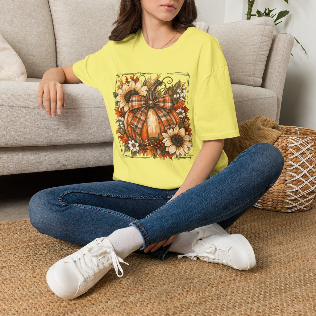 Pumpkin & Sunflower Fall T-Shirt — Plaid Pumpkin Autumn Graphic Tee