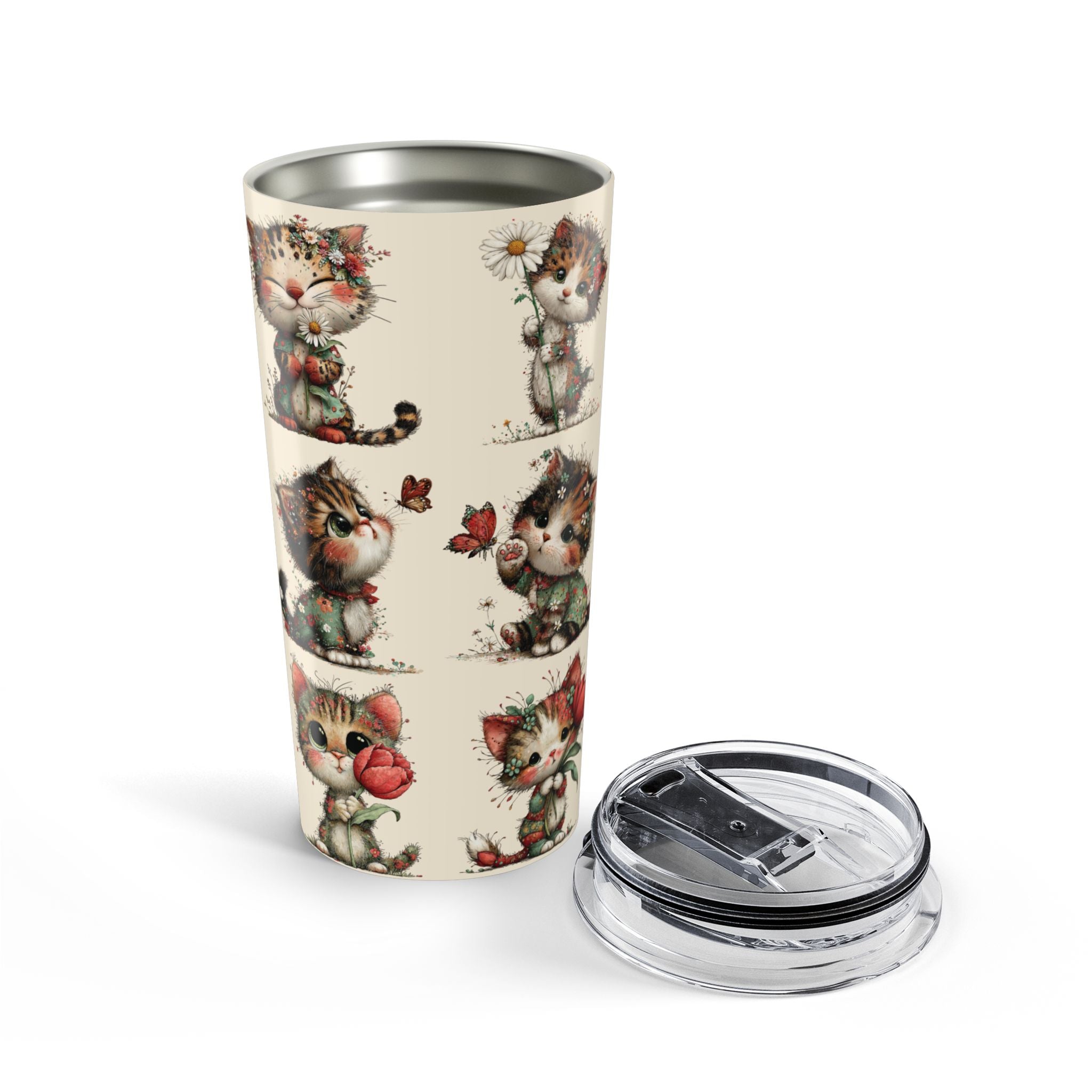 Copy of 20oz Whimsical Cat Floral Tumbler — Cute Vintage Kittens Travel Cup - Beige