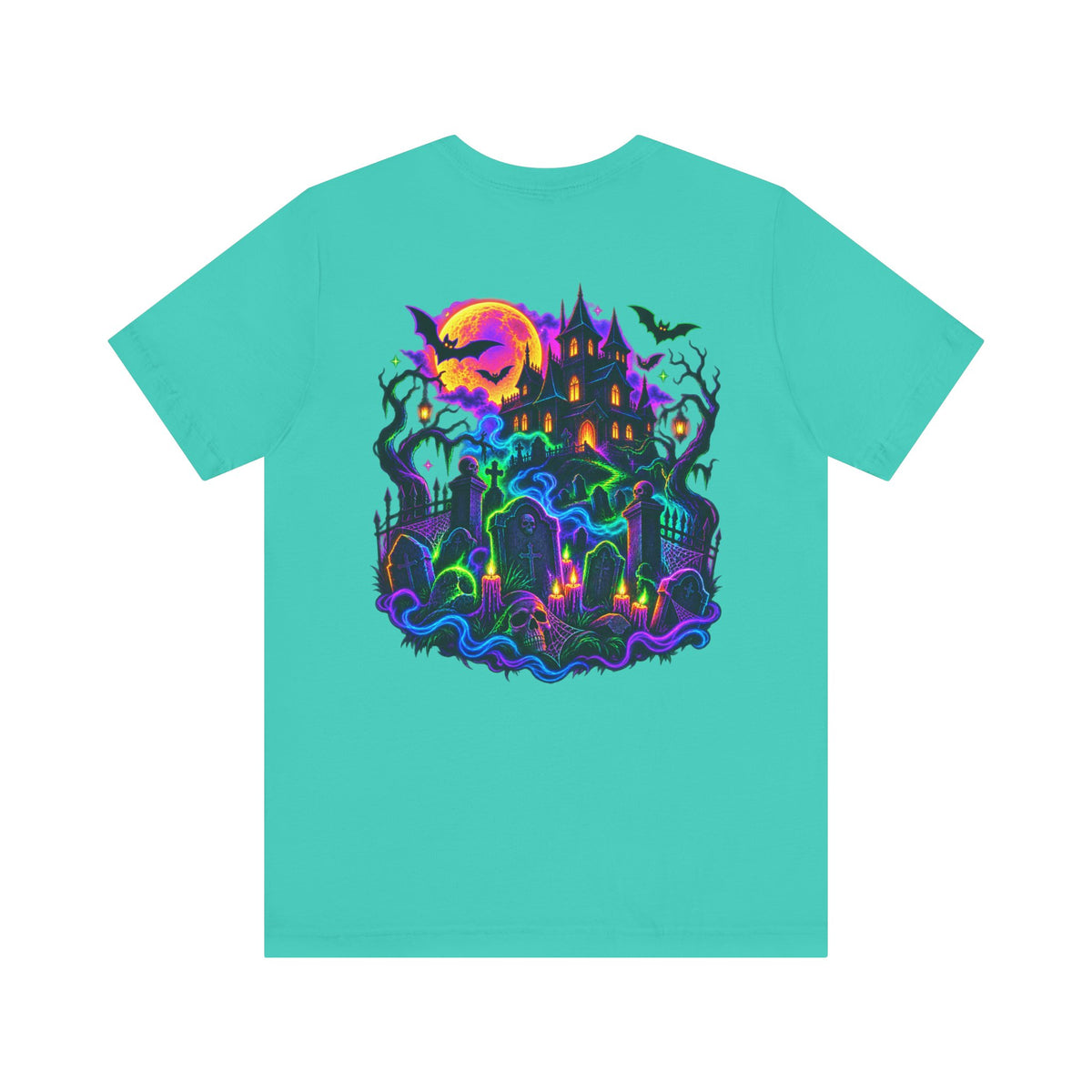 Stay Spooky Halloween Tee — Neon Grim Reaper & Haunted Castle Graphic T-Shirt