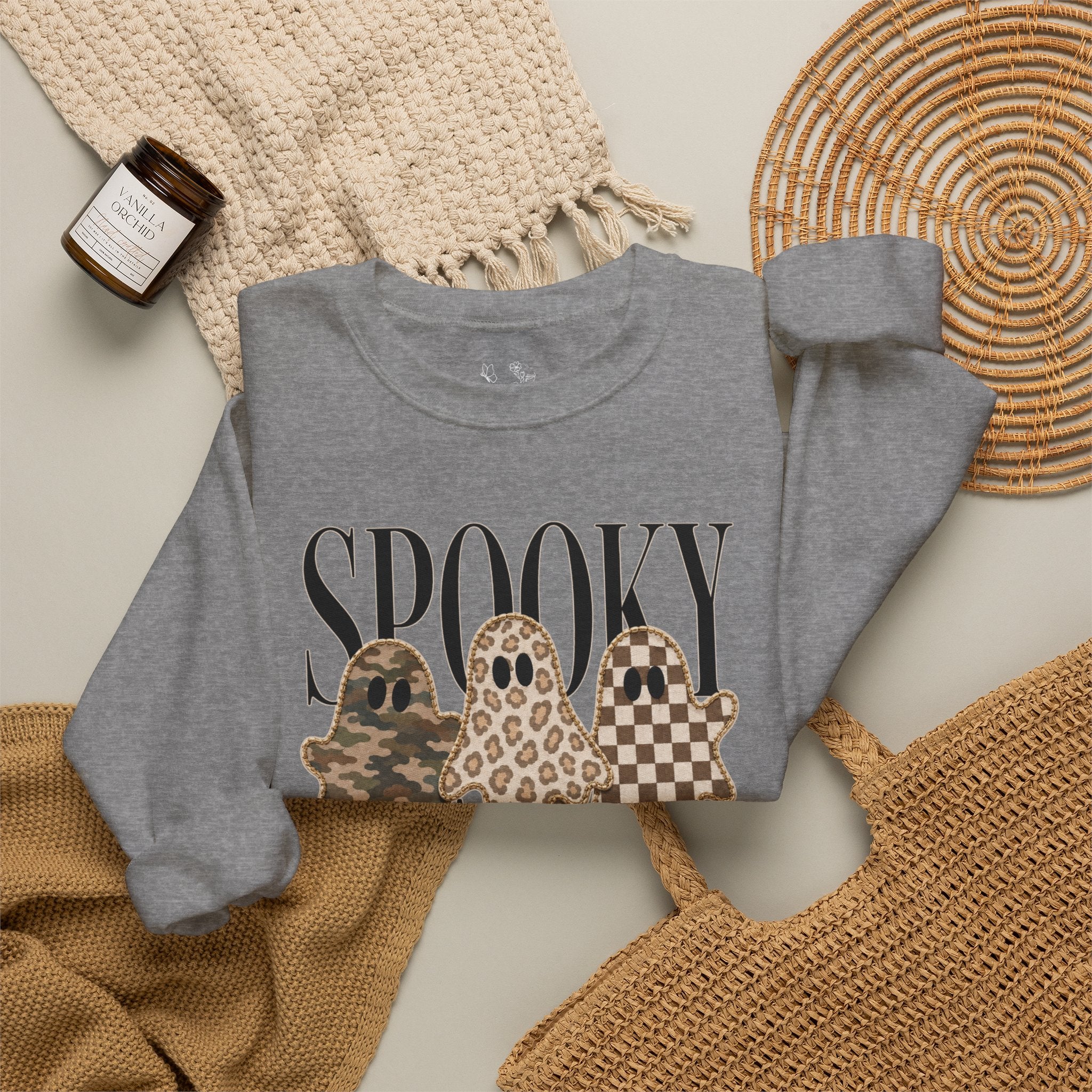 Spooky Season Ghosts Sweatshirt — Neutral Plaid & Camo Halloween Crewneck