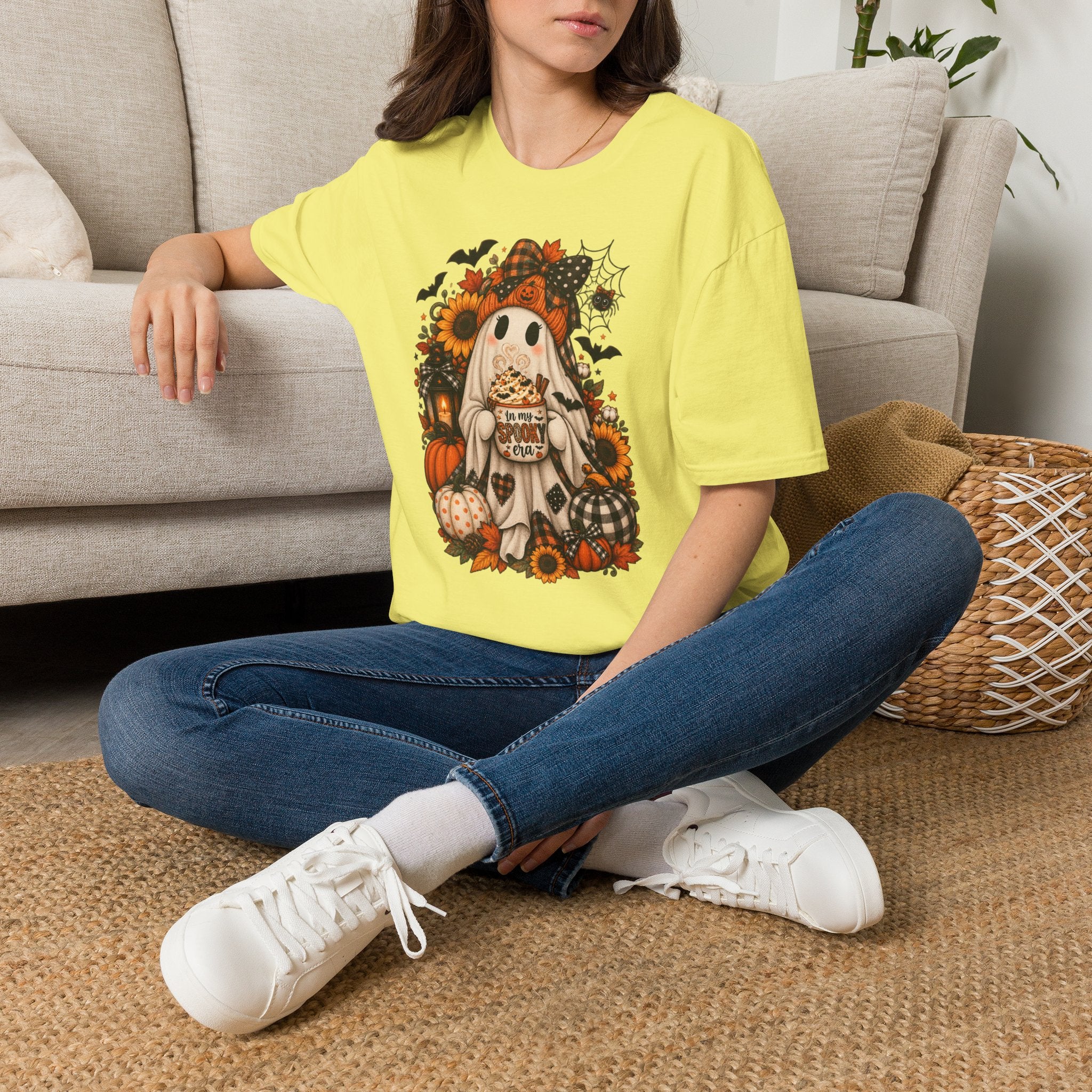 Halloween Ghost Tee – Cute Pumpkin, Sunflower & Trick-or-Treat Design