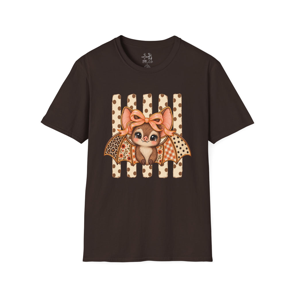 Cute Bat Tee — Adorable Bat with Bow Graphic T-Shirt (Leopard Striped Background)