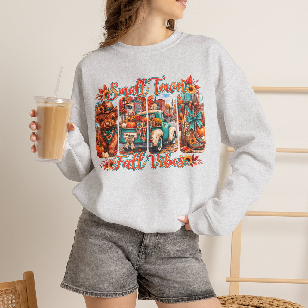 Fall Vibes Crewneck Sweatshirt - "Small Town Fall Vibes" Retro Autumn Graphic