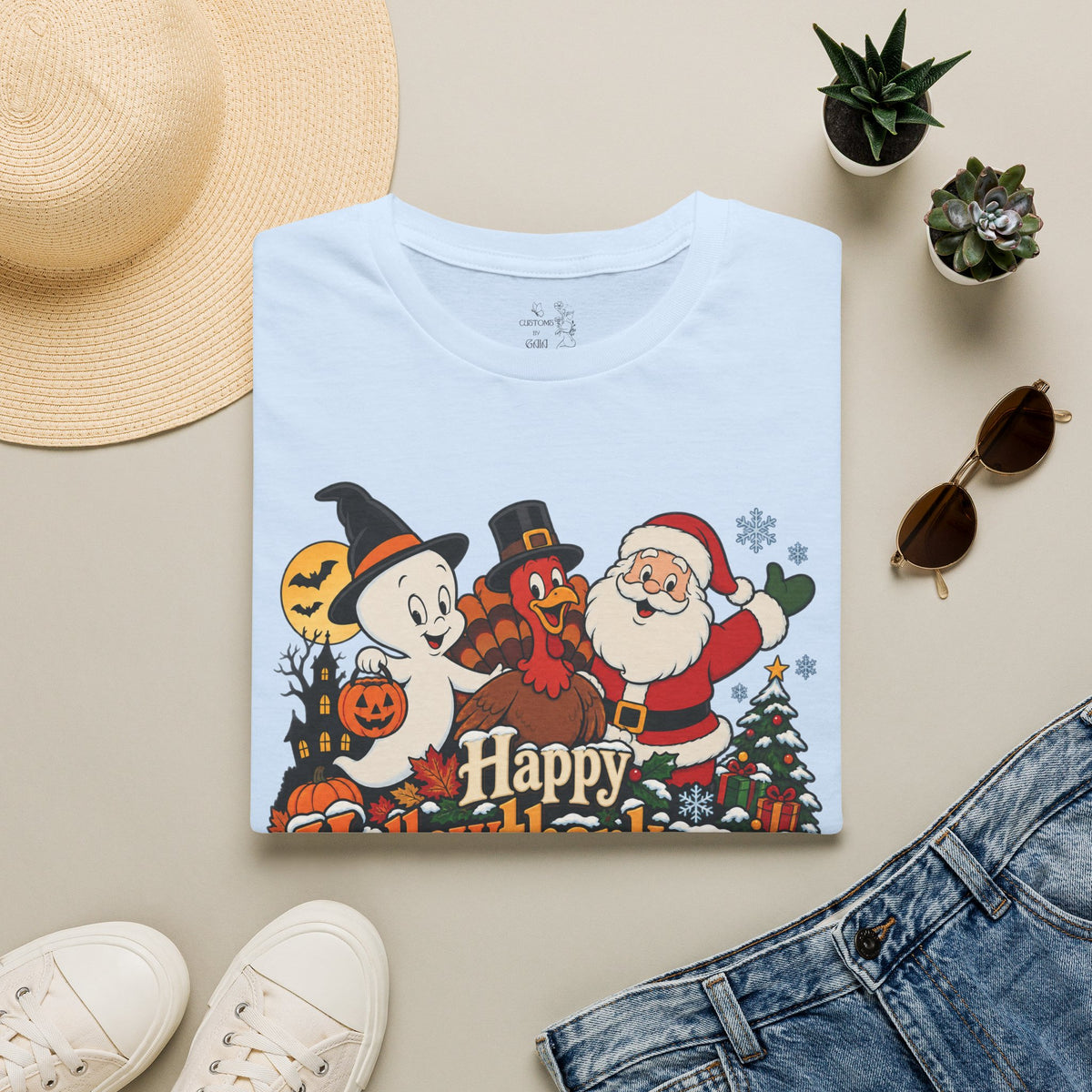 Halloween Thanksgiving Christmas Mashup Tee — "Happy HallowThanksMas This Year"