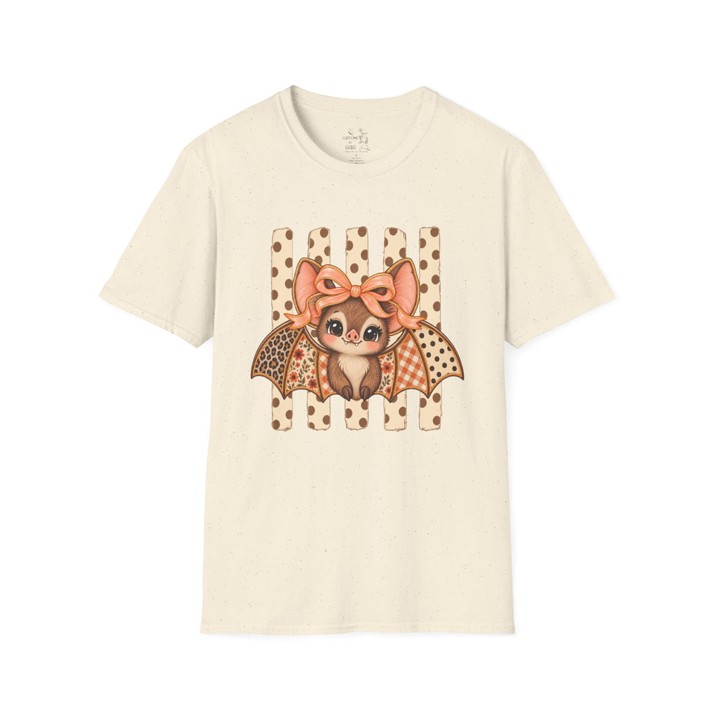 Cute Bat Tee — Adorable Bat with Bow Graphic T-Shirt (Leopard Striped Background)