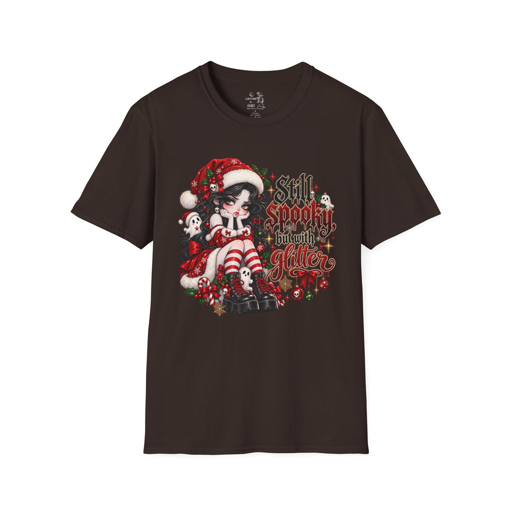 Christmas Goth T‑Shirt – "Still Spooky But With Glitter" Elf Girl Holiday Tee