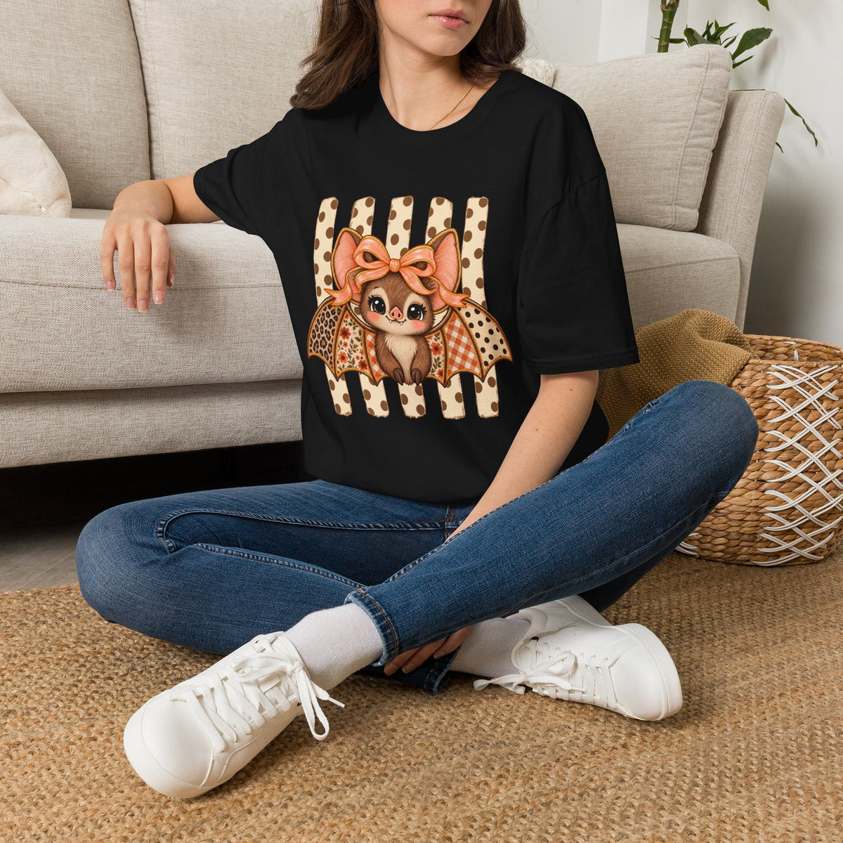 Cute Bat Tee — Adorable Bat with Bow Graphic T-Shirt (Leopard Striped Background)