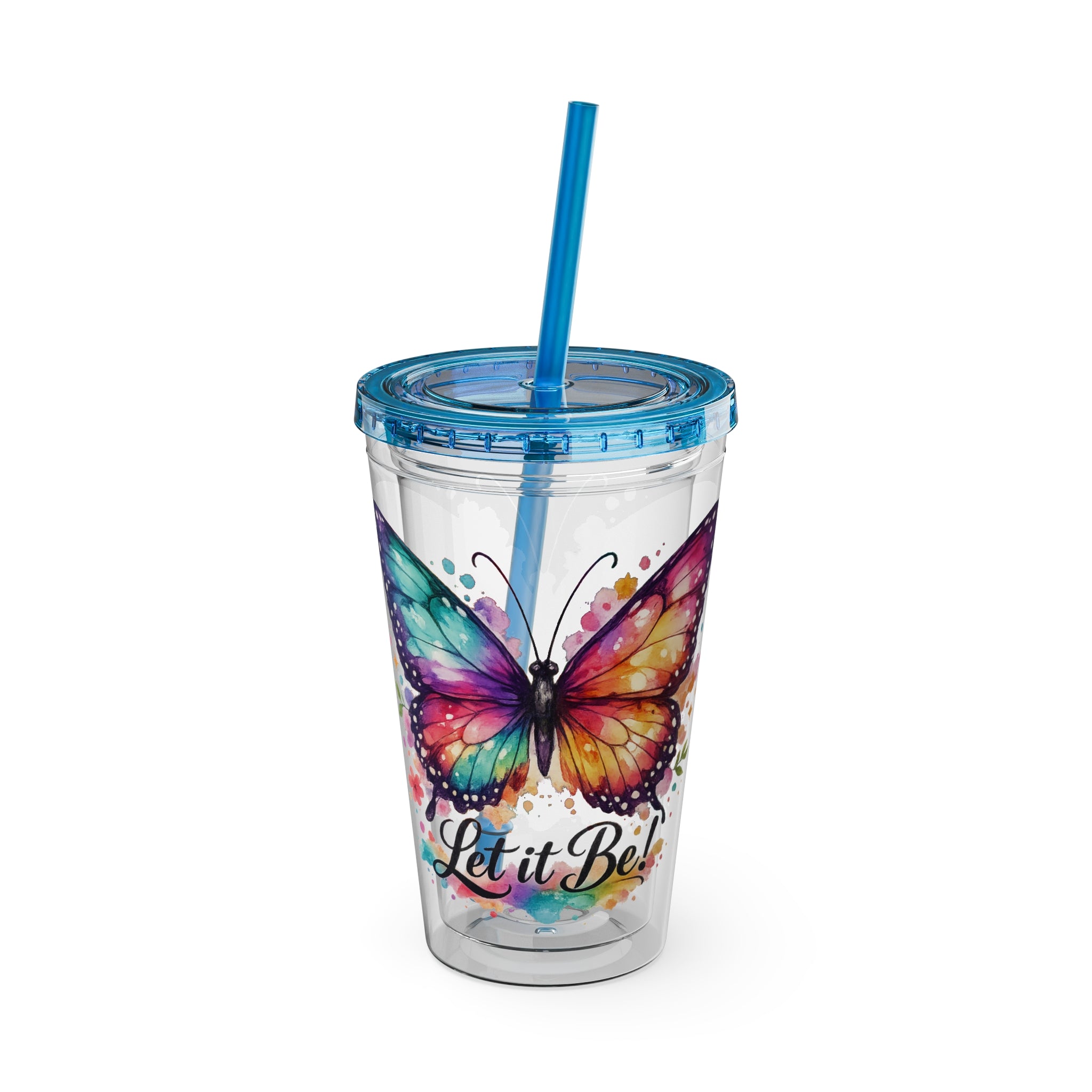 Butterfly 'Let It Be' 16oz Tumbler with Straw — Colorful Floral Summer Drink Cup