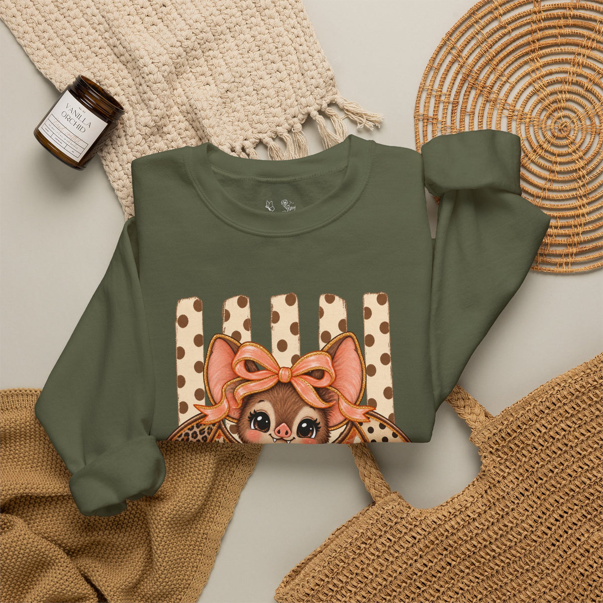 Cute Bat Crewneck Sweatshirt — Kawaii Bat with Bow Graphic
