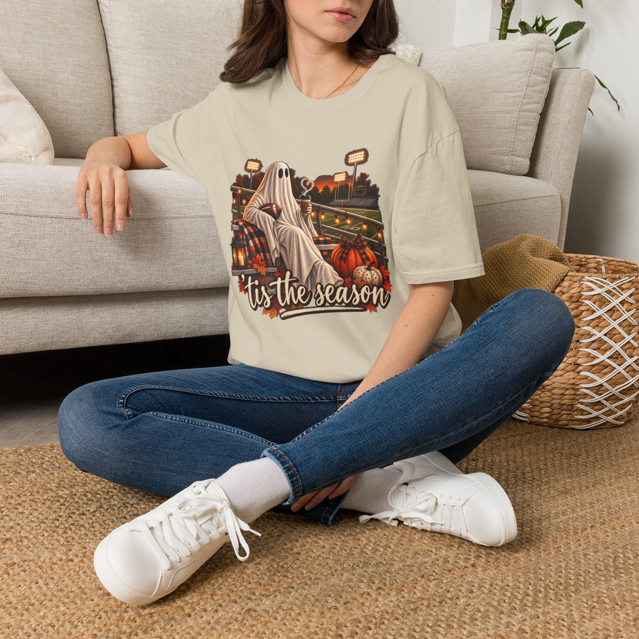 Halloween Ghost Football T‑Shirt – 'Tis the Season' Vintage Stadium Tee