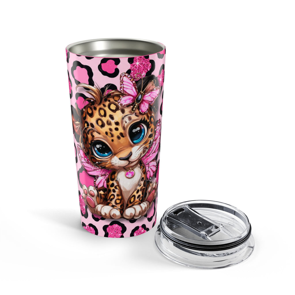 20oz Pink Leopard Print Tumbler with Cute Baby Leopard & Butterflies
