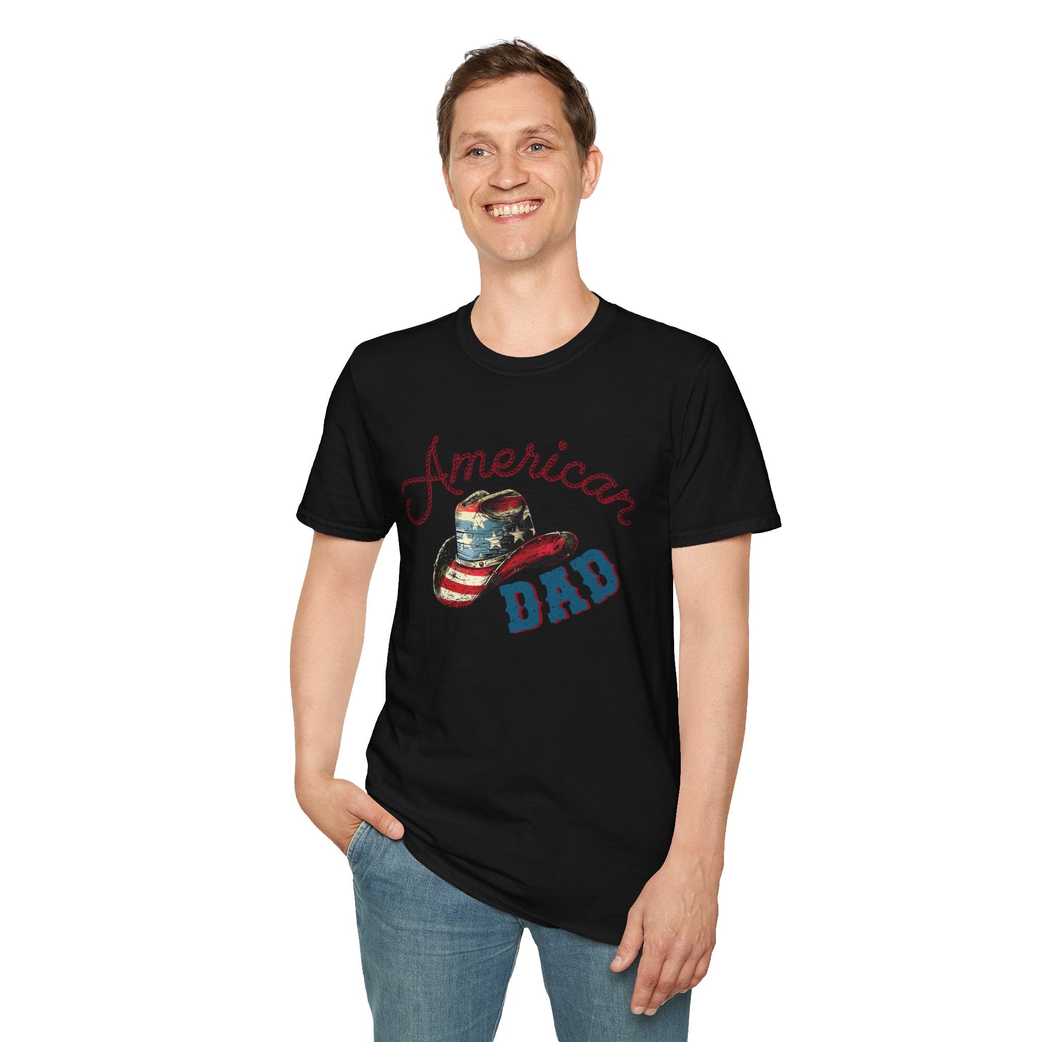Patriotic “American Dad” Tee — Vintage Flag Cowboy Hat Dad T-Shirt