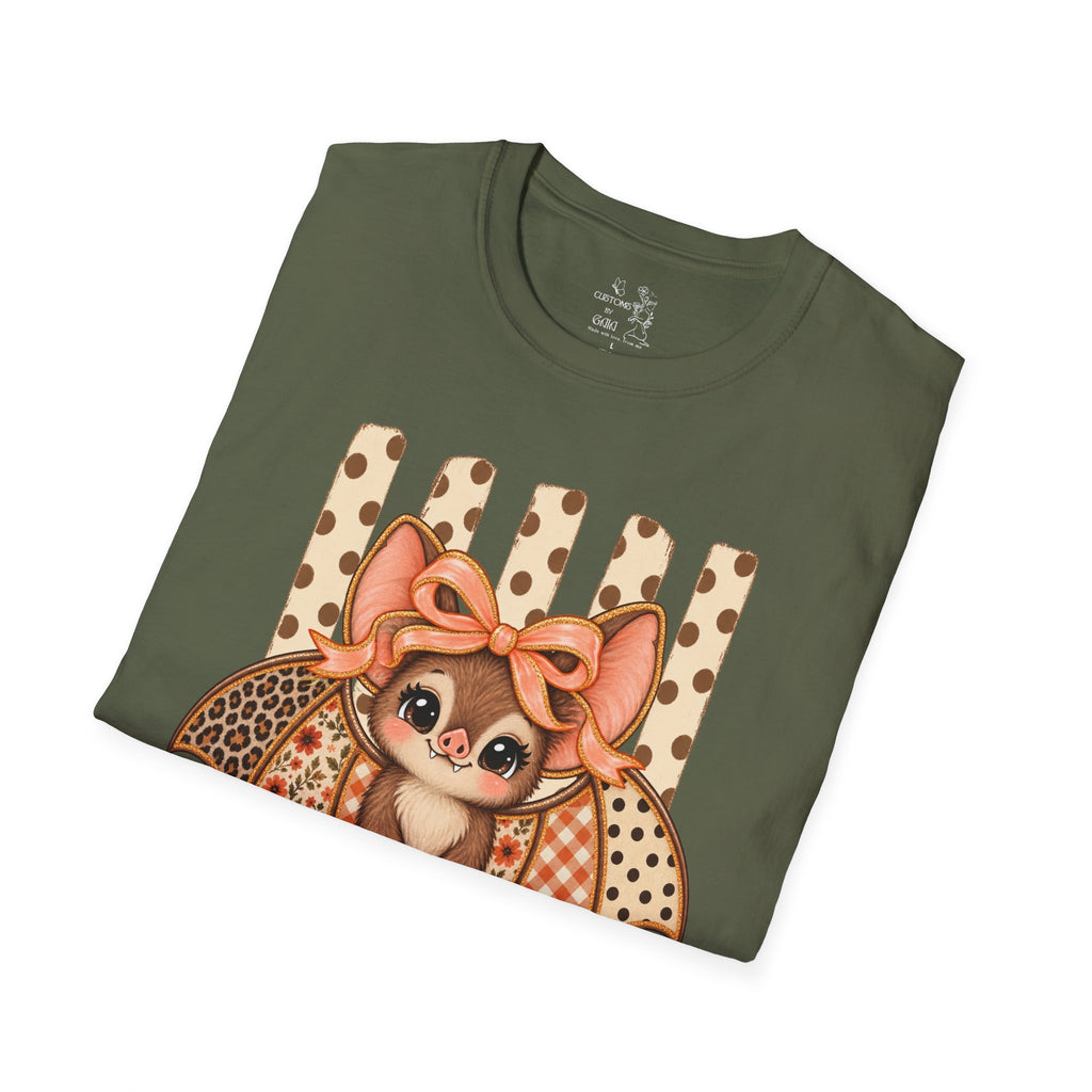 Cute Bat Tee — Adorable Bat with Bow Graphic T-Shirt (Leopard Striped Background)