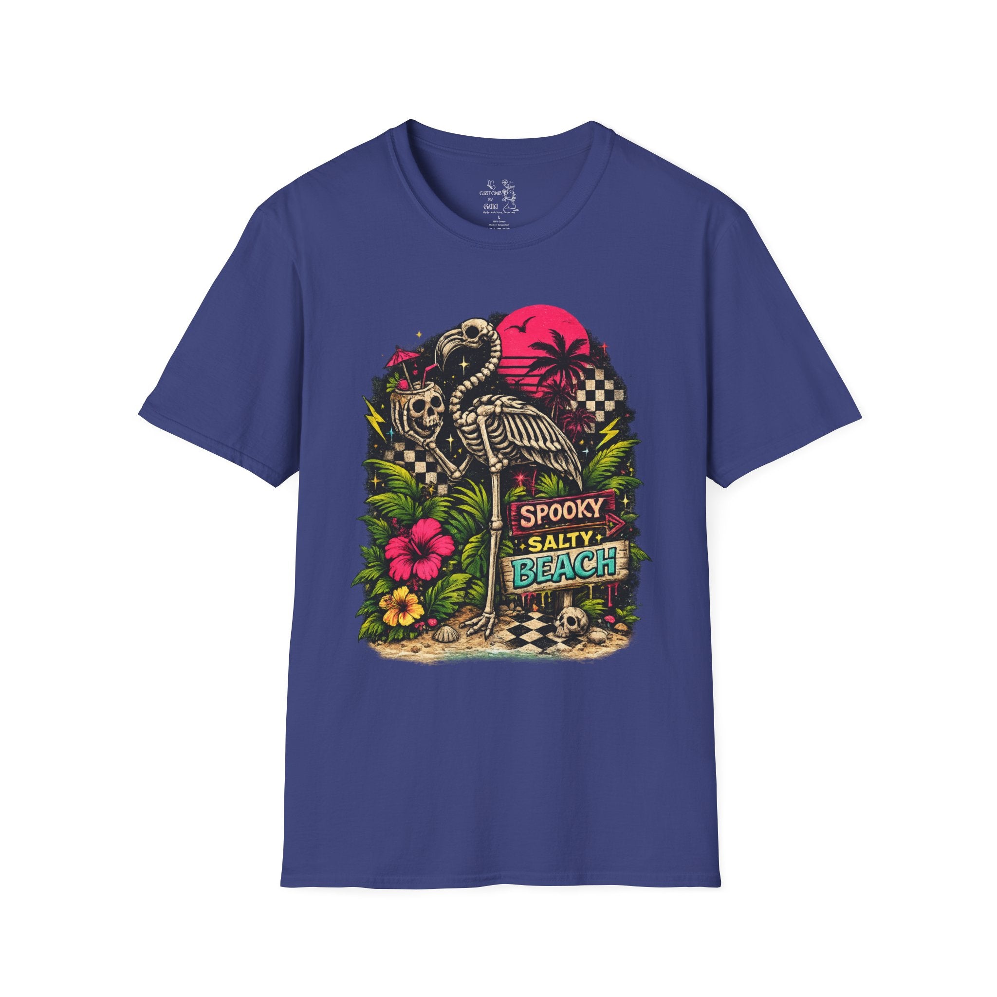Spooky Salty Beach T-Shirt — Retro Skeleton Pelican Sunset Tee