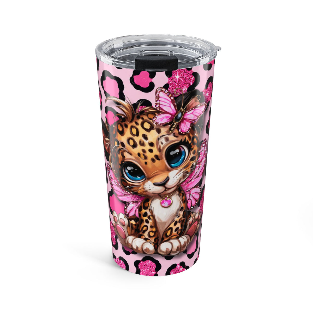 20oz Pink Leopard Print Tumbler with Cute Baby Leopard & Butterflies