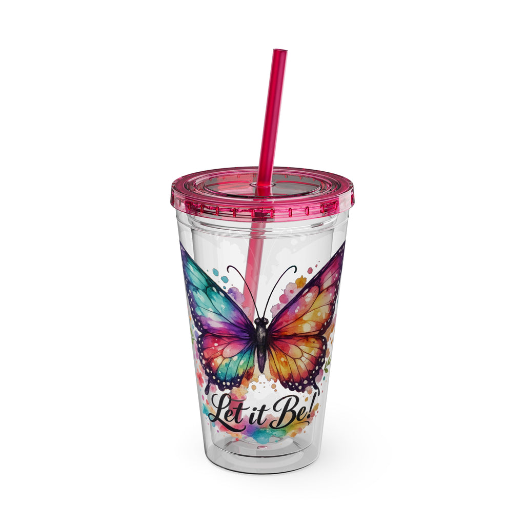 Butterfly 'Let It Be' 16oz Tumbler with Straw — Colorful Floral Summer Drink Cup