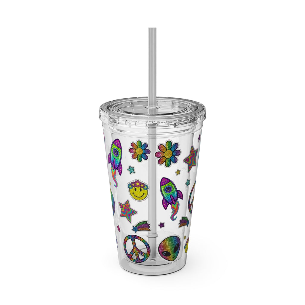 Groovy Aliens 16oz Tumbler with Straw — Retro Peace Sign, Psychedelic Van Design